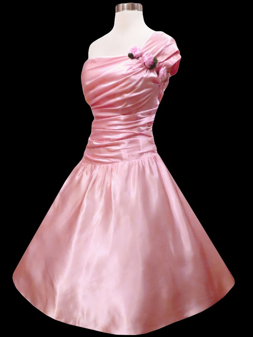 Vintage 80s Pink Satin One Shoulder Balletcore Full Skirt Prom Party Dress M L